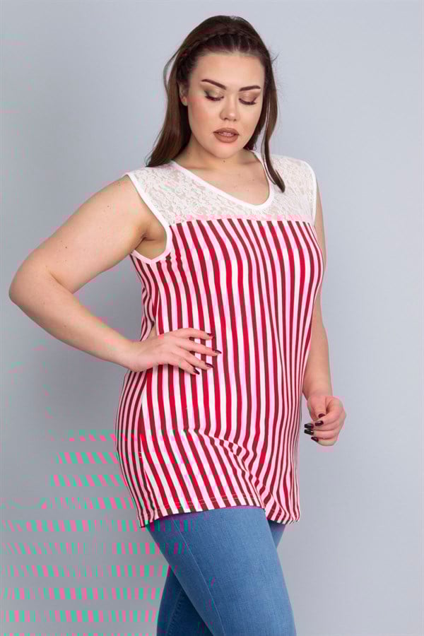 Kadın Kırmızı Robası Dantel Detaylı Çizgili Viskon Bluz 65N22750