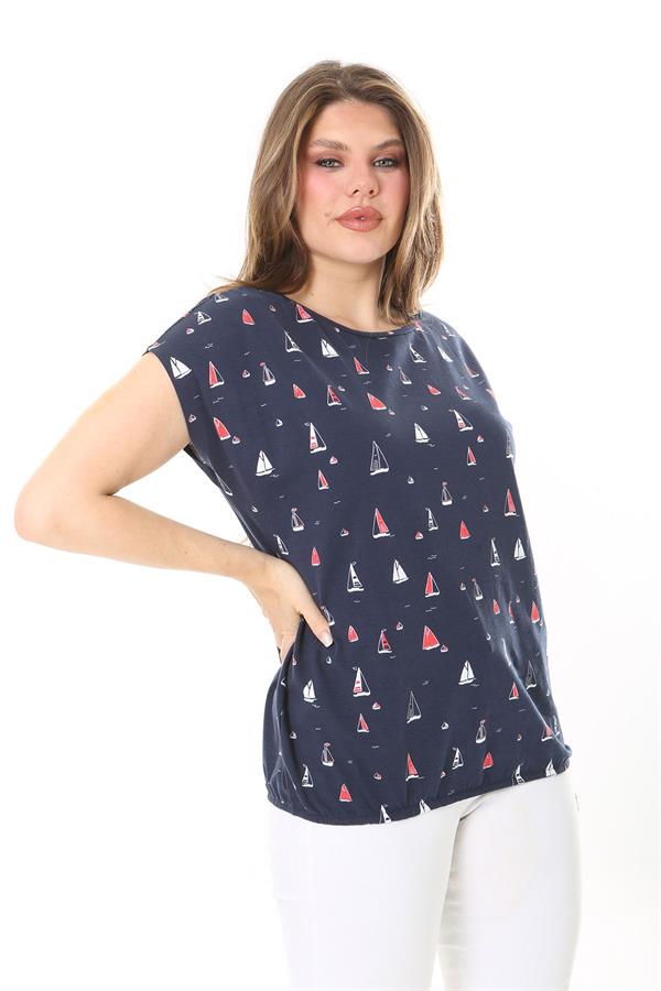 Kadın Büyük Beden Lacivert Pamuk Kumaş Etek Ucu Lastikli Düşük Kollu Bluz 65N37895