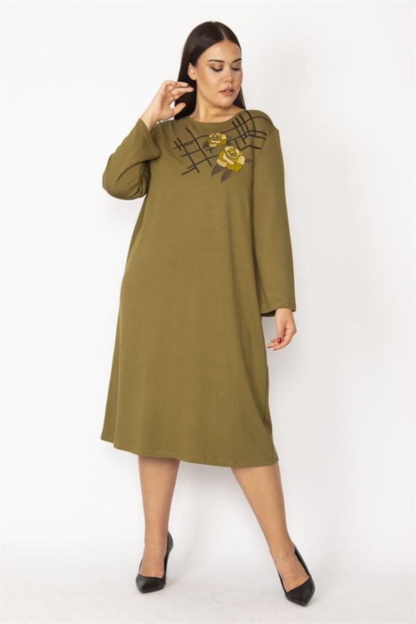 Kadın Haki Nakış Ve Payet Detaylı Uzun Kollu Elbise 65N28729