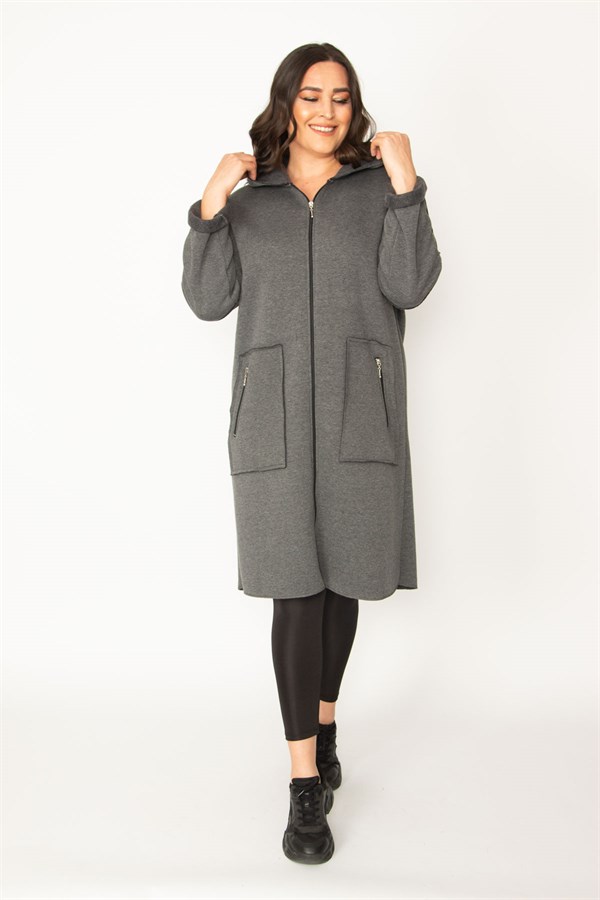 Kadın Füme Fermuar Ve Kapşon Detaylı Kaban 65N28345