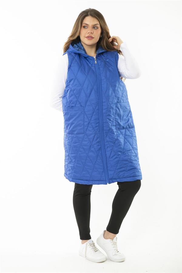 Kadın Büyük Beden Haki Ön Dermuarlı Kapşonlu Kapitone Astarlı Uzun Mont 65N37107