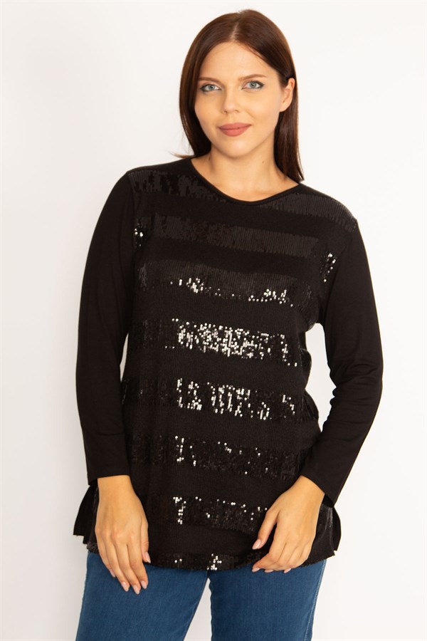 Kadın Siyah Önü Payet Detaylı Uzun Kollu Bluz 65N34724