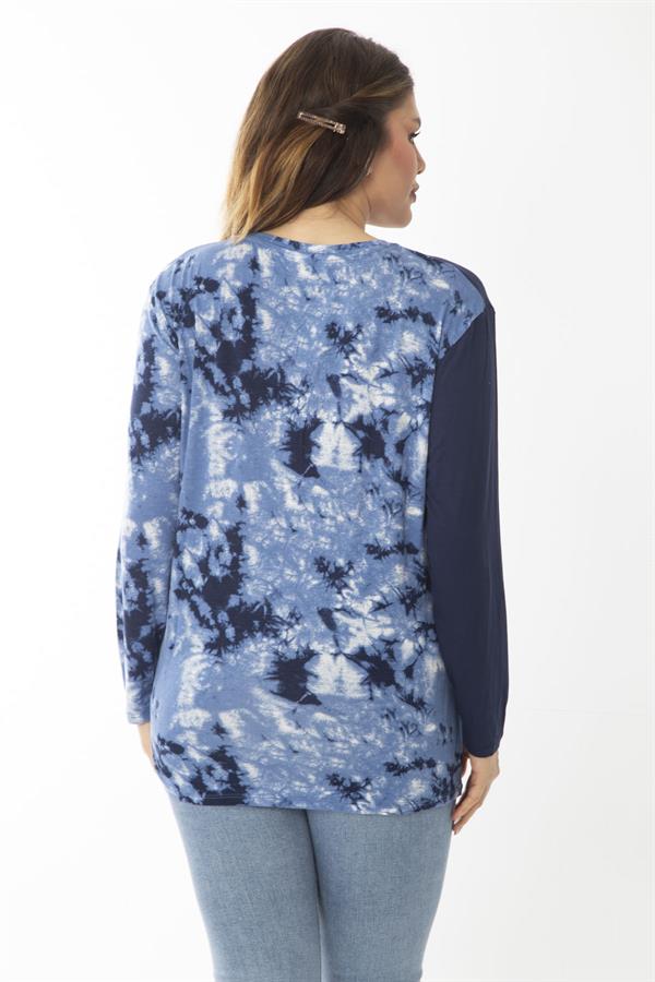 Kadın Büyük Beden Lacivert Bisiklet Yakalı Desenli Bluz 65N37027
