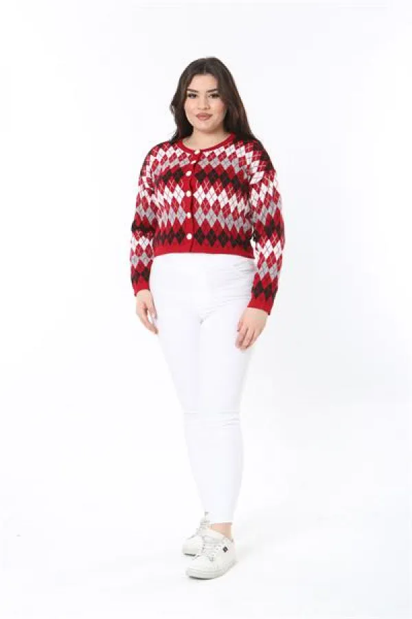 Kadın Büyük Beden Kırmızı Baklava Desen Ön Düğmeli Triko Hırka 65N38863