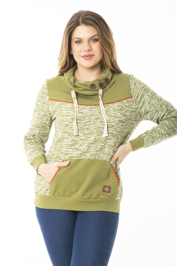 Kadın Büyük Beden Kuşgözü Bağcık Ve Süs Düğme Detaylı Kanguru Cepli Dik Yaka Sweatshirt 65N37122