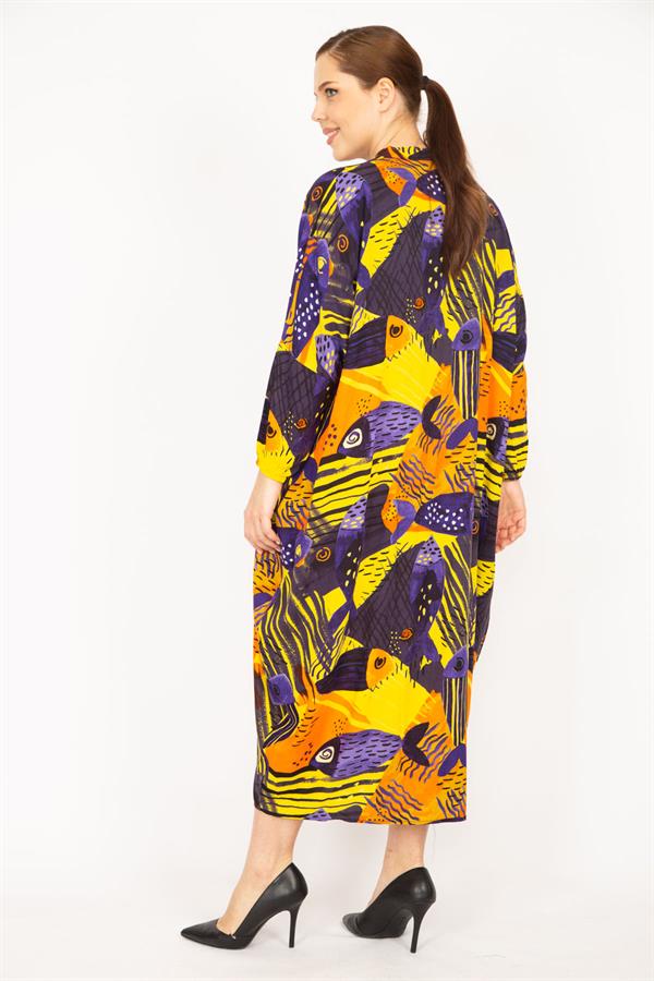 Kadın Fujya Büyük Beden Dokuma Viskon Kumaş Ön Boy Düğmeli Elbise