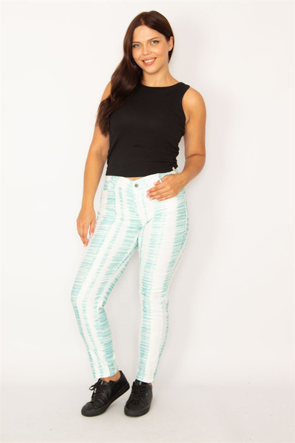 Kadın Yeşil Batik Desenli Likralı 5 Cep Kot Pantolon 65N34146