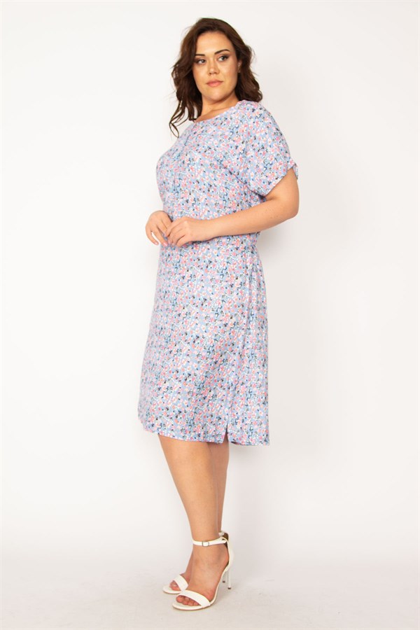 Kadın Bebe Mavisi Dokuma Viskon Kumaş Ön Pat Düğmeli Beli Kuşaklı Elbise 65N33614