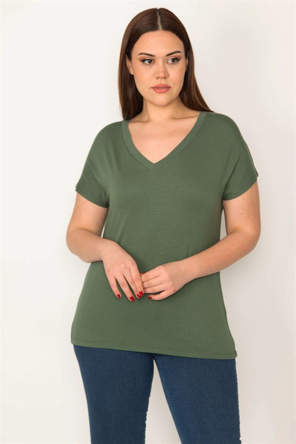 KADIN HAKİ V YAKALI KISA KOLLU BASİC BLUZ