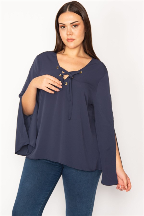 WOMEN'S WHITE COLLAR STRIPED BLOUSE WITH EYELET LACE DETAIL AND SLEEVE SLIT