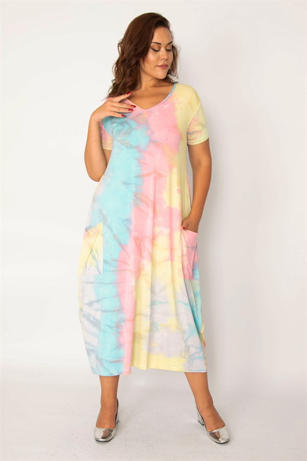 Kadın Saks Batik Desen V Yaka Cepli Elbise 65N33979