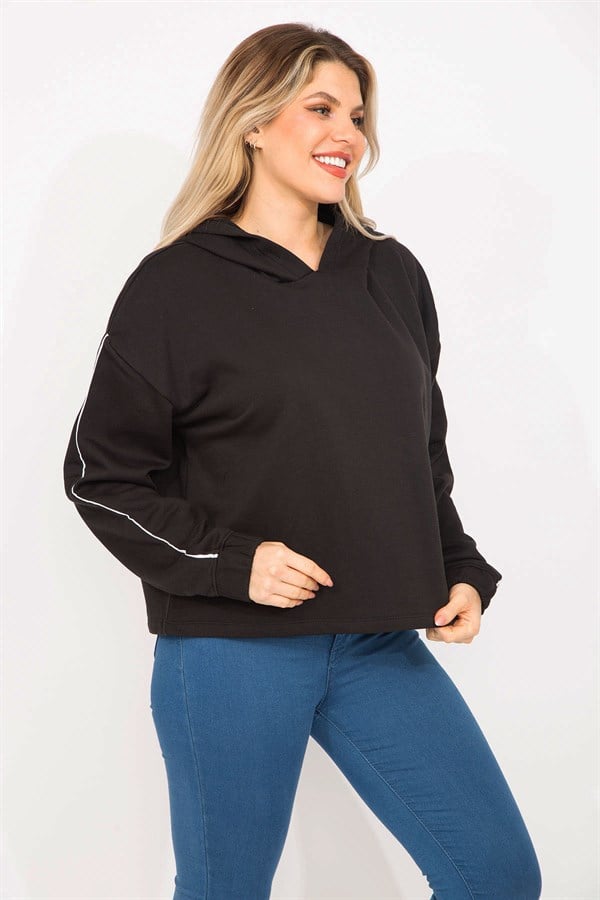 Kadın Siyah Kolları Biye Detaylı Kapşonlu Sweatshirt 65N35301