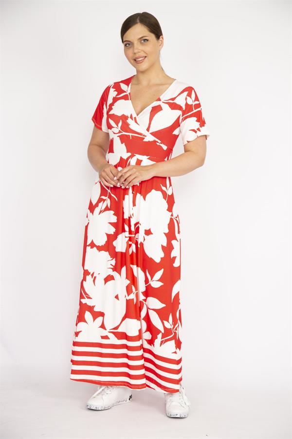 Kadın Kırmızı Büyük Beden Anvelop Yakalı Uzun Elbise