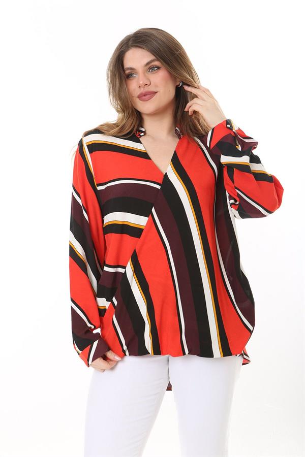 Kadın Büyük Beden Bej Dokuma Viskon Kumaş Kapalı Anvelop Bluz 65N37614