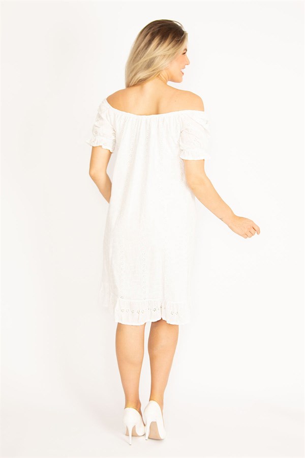 Delikiş Nakışlı Dokuma Viskon Kumaş Astarlı Yaka Ve Kol Ağzı Lastikli Etek Ucu Katlı Elbise