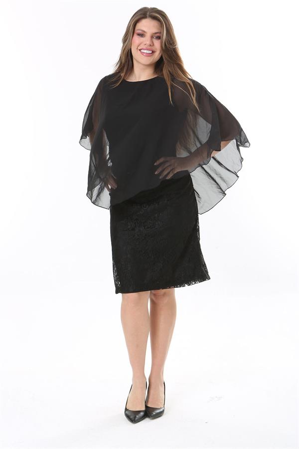 Kadın Büyük Beden Siyah Şifon Pelerinli Astarlı Dantel Elbise 65N37773