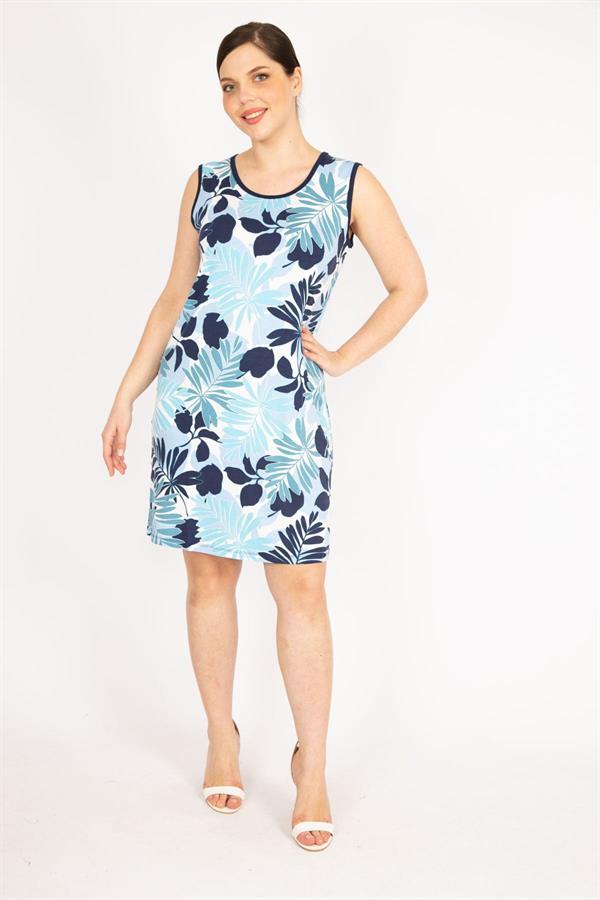 Kadın Mavi Büyük Beden Bisiklet Yakalı Desenli Elbise