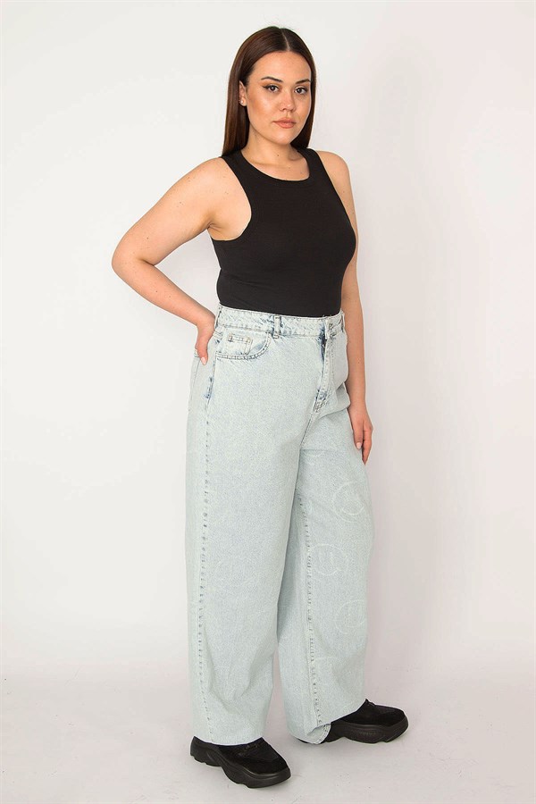 KADIN MAVİ SİLİK BASKILI MOM JEAN PANTOLON