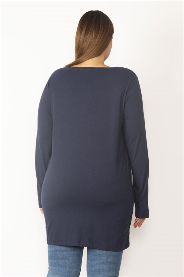 Kadın Lacivert Pamuklu Kumaş Bisiklet Yakalı Uzun Kollu Tunik 65N29895