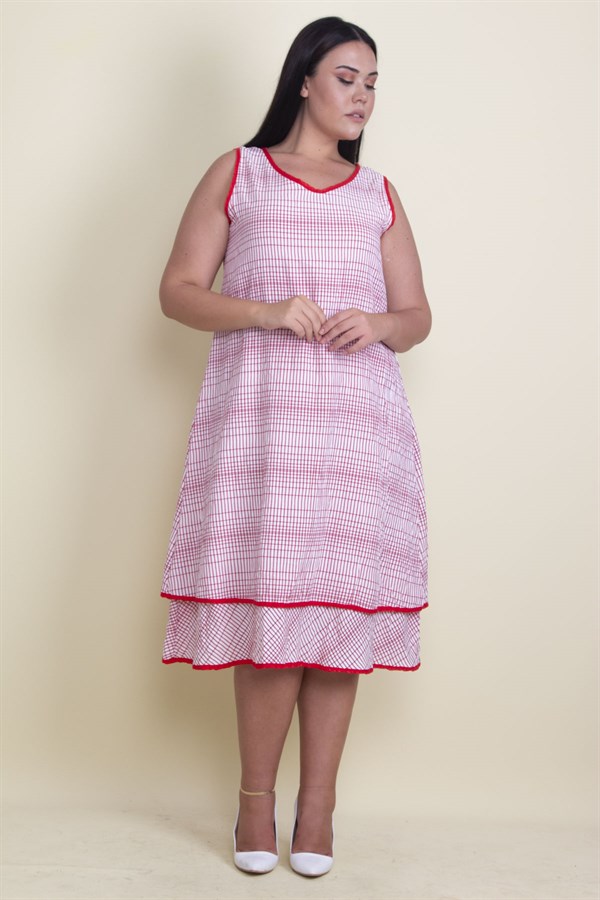 Kadın Kırmızı Biye Detaylı Etek Ucu Katlı Astarlı Elbise 65N17881