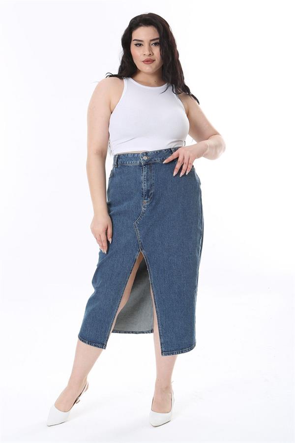 Kadın Büyük Beden Lacivert Yırtmaç Detaylı 5 Cepli Kot Etek 65N38096