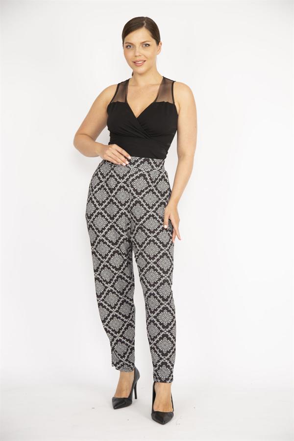Kadın Büyük Beden Siyah Beli Lastikli Yan Cepli Desenli Pantolon 65N37242