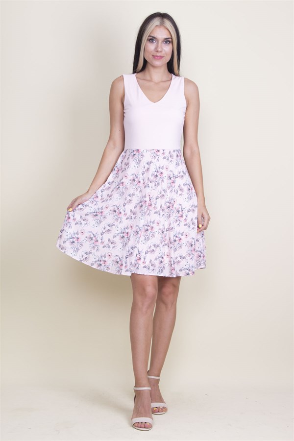 ETEK KISMI DESENLİ V YAKALI ASTARLI ELBİSE