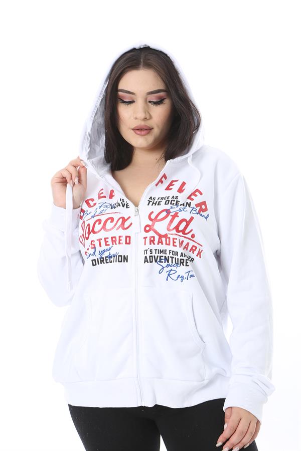 Kadın Büyük Beden Beyaz Ön Fermuar Ve Baskılı Kapşonlu Sweatshirt 65N38622