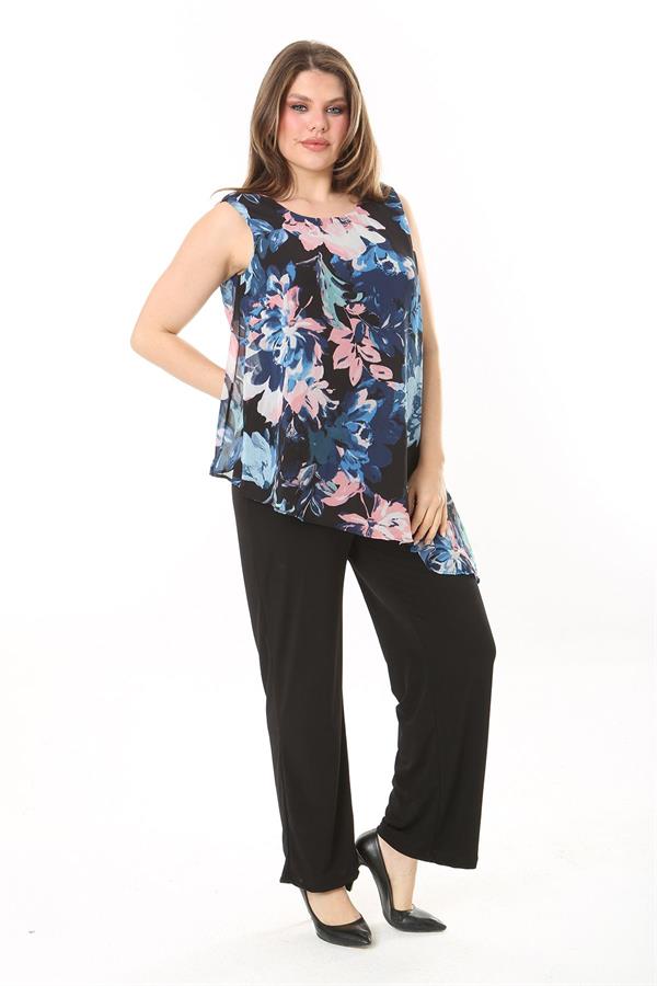 Kadın Büyük Beden Lacivert Şifon Pelerinli Tulum 65N37909