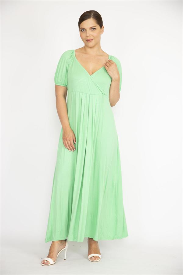 Kadın Büyük Beden Yeşil Omuz Ve Kol Ağzı Lastik Detaylı Anvelop Yakalı Elbise