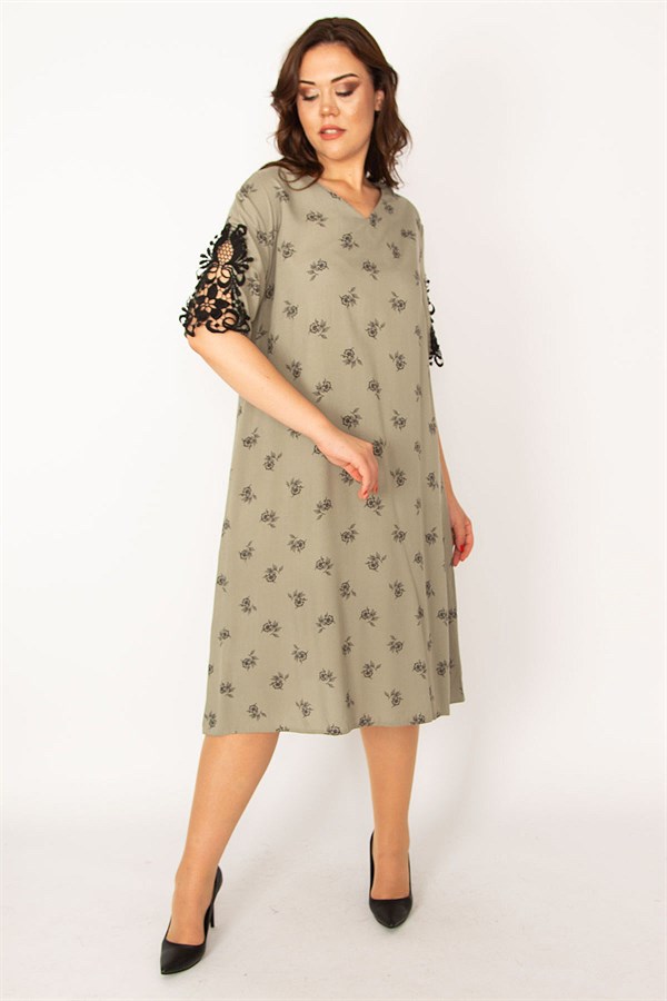 Kadın Haki Dokuma Viskon Kumaşv Yaka Dantel Detaylı Elbise 65N33533