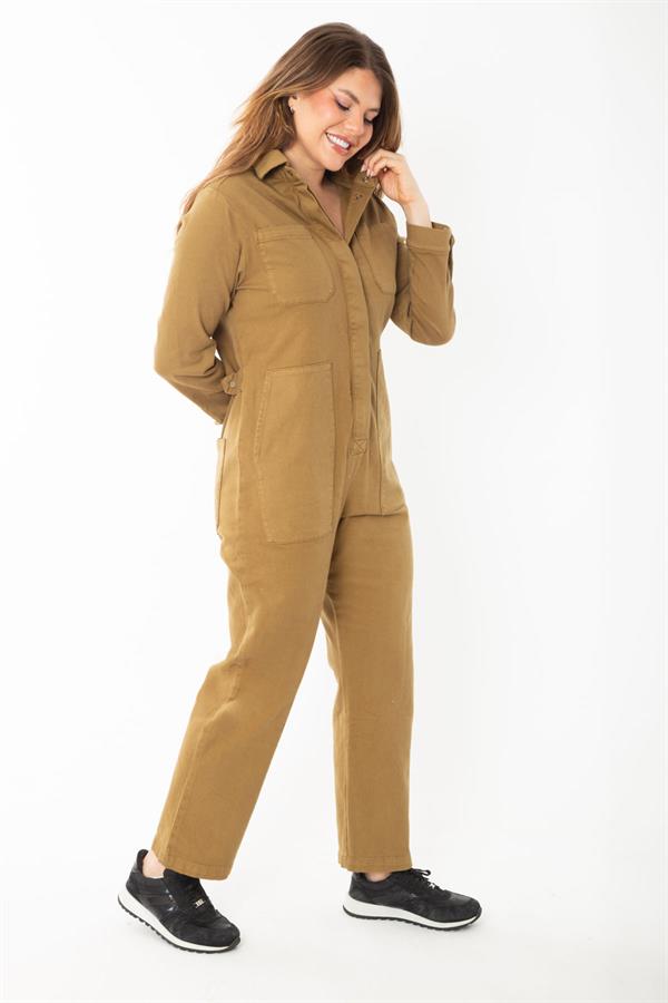 Women's Khaki Front Hidden Snap Button Pocket Denim Overalls 65N37370