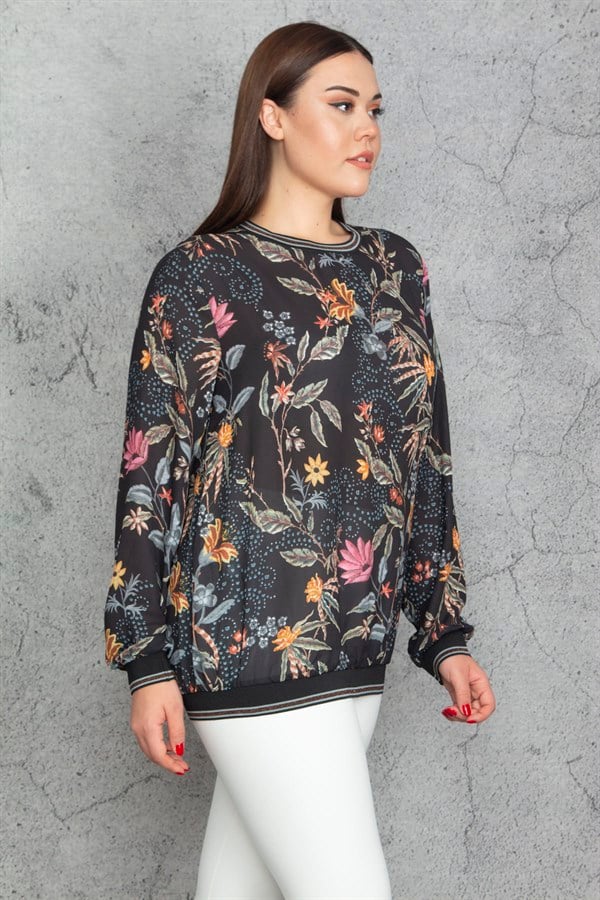 Kadın Siyah Sim Ribana Detaylı Şifon Bluz 65N30255