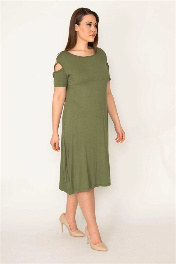 KADIN HAKİ OMUZ DEKOLTELİ VİSKON ELBİSE