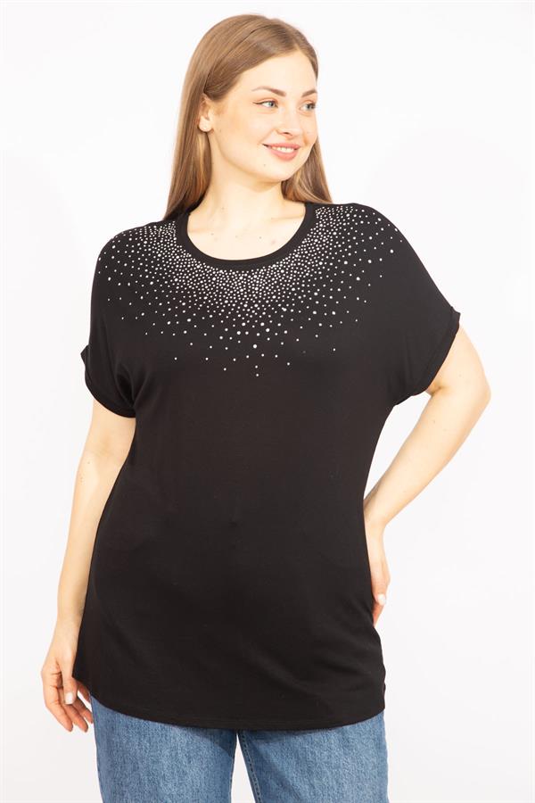 Kadın Mürdüm Büyük Beden Taş Detaylı Düşük Kol Bluz 65N35636