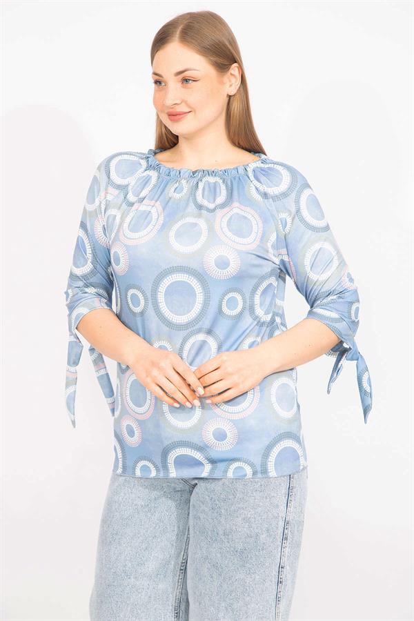 Kadın Mavi Büyük Beden Yaka Lastikli Kol Bağcıklı Bluz 65N35665