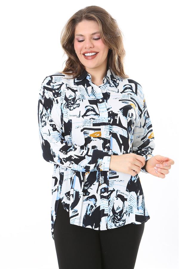 Kadın Büyük Beden Renkli Ön Düğmeli Arkası Uzun Desenli Gömlek 65N38022