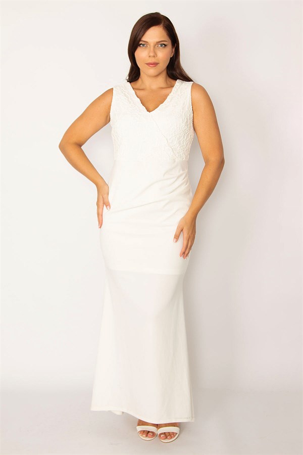 Kadın Kemik Üst Kısmı Ve Arka Yırtmacı Dantel Detaylı Krep Kumaş Uzun Abiye Elbise 65N34153