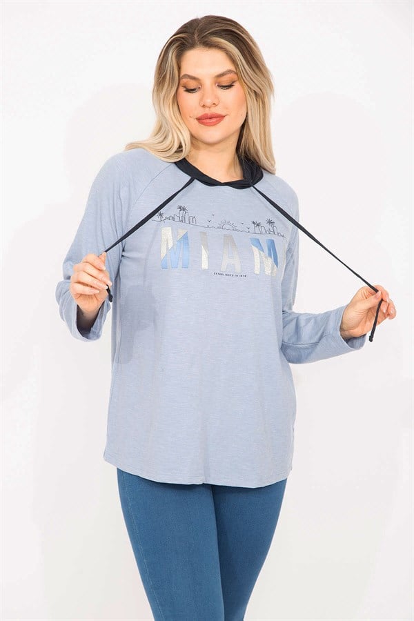 Kadın Mavi Sim Baskılı Kapşonlu Tunik 65N35300