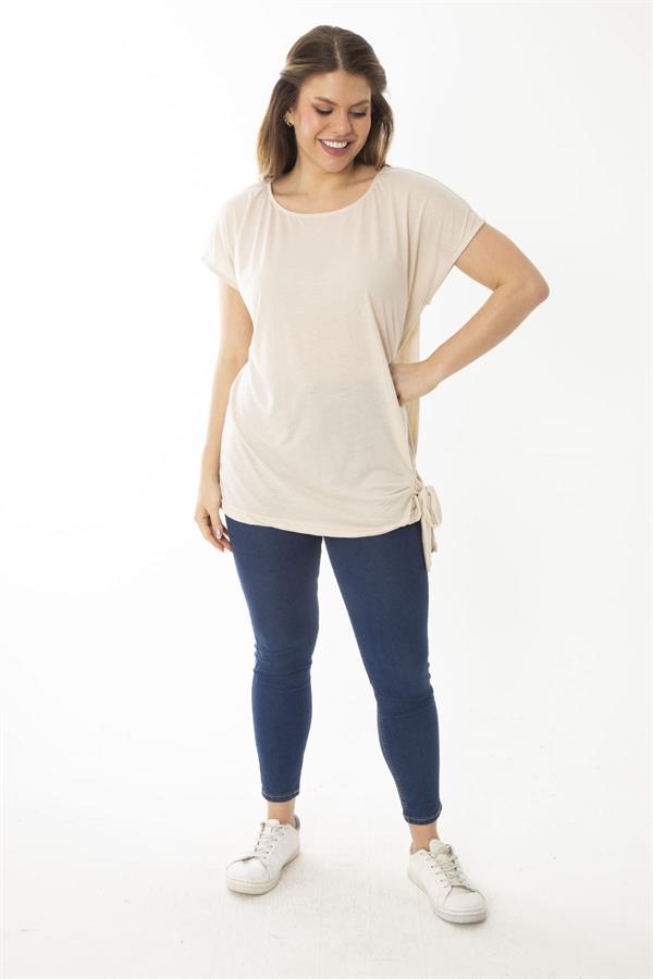 Kadın Büyük Beden Vizon Etek Ucu Bağcıklı Düşük Kollu Bluz 65N37031