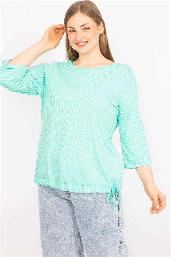 Kadın Lacivert Büyük Beden Pamuklu Kumaş Çizgi Kombinli Bluz 65N35571