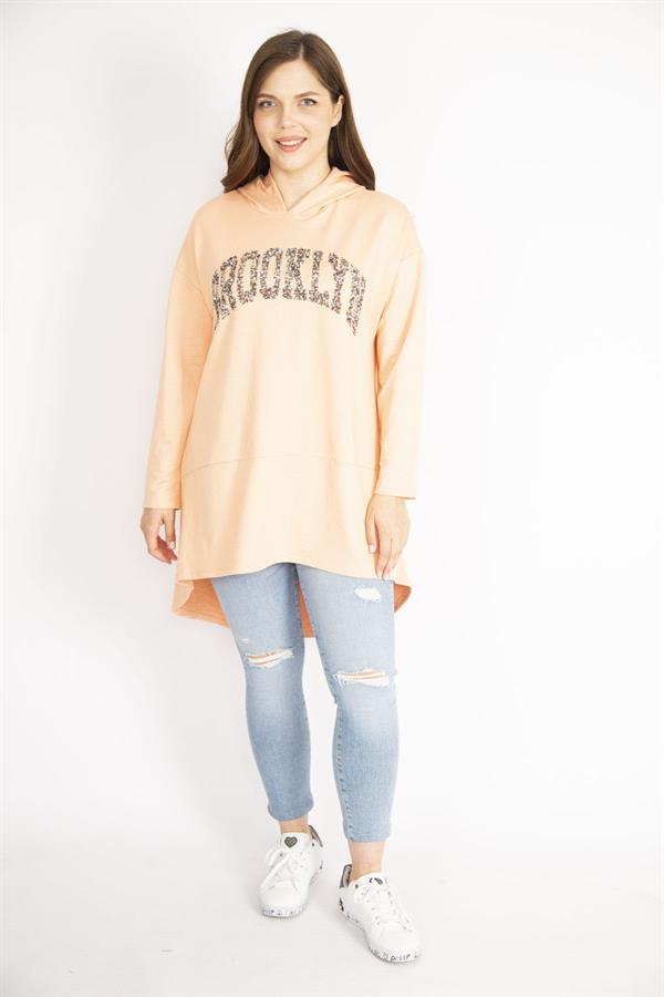 Kadın Somon Büyük Beden Payet Detaylı Kapşonlu Arkası Uzun Sweatshirt