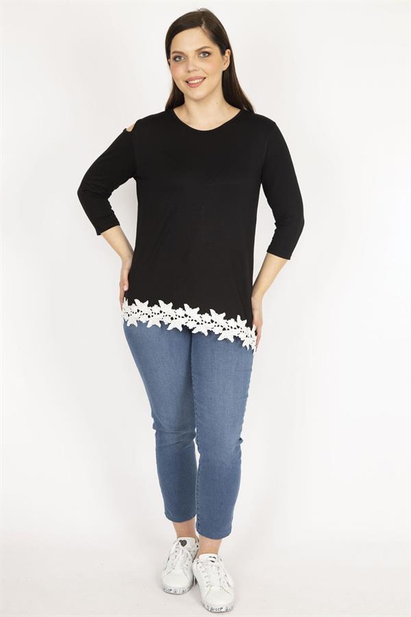 Kadın Siyah Büyük Beden Tek Omuz Dekolteli Etek Ucu Dantel Bluz