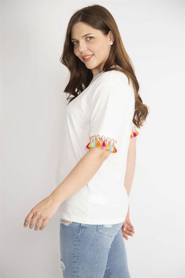 Kadın Kemik Büyük Beden Kolları Püskül Detaylı Bluz