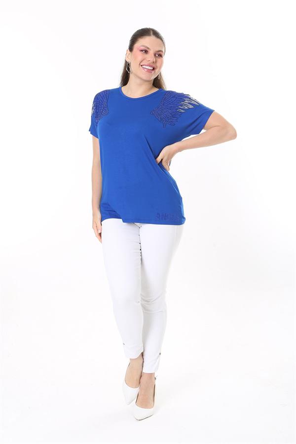 Kadın Büyük Beden Saks Angels Taş Detaylı Kısa Kollu Bluz 65N37675