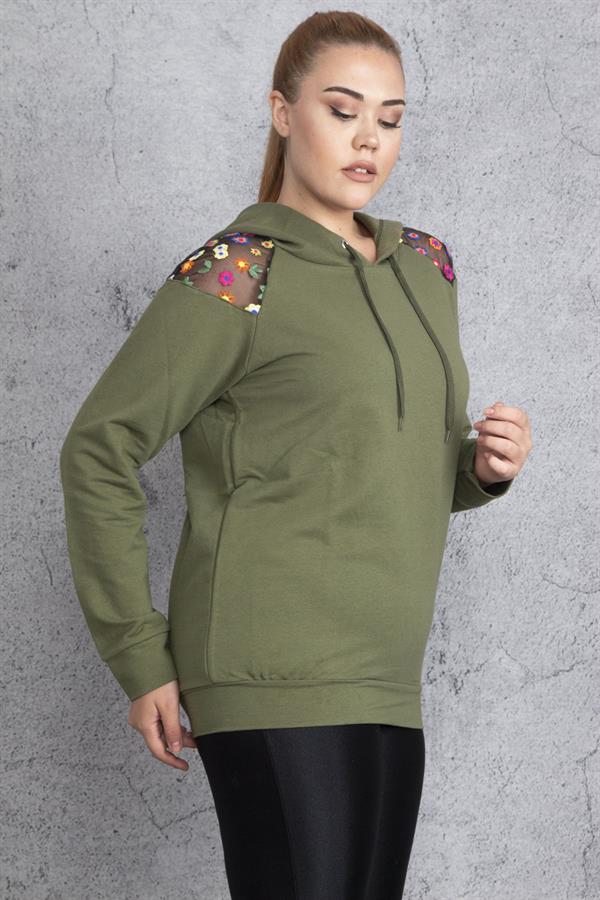 Kadın Haki Payet Detaylı Kapşonlu Sweatshirt 65N18838