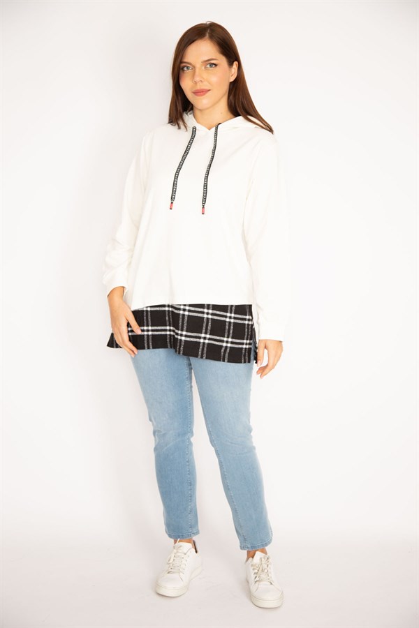 Kadın Kemik Kapşonlu Etek Ucu Ekose Garnili Sweatshirt 65N34878