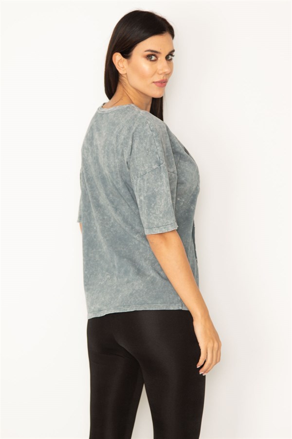 KADIN RENKLİ YIKAMALI KUMAŞ ÖN BASKILI BLUZ