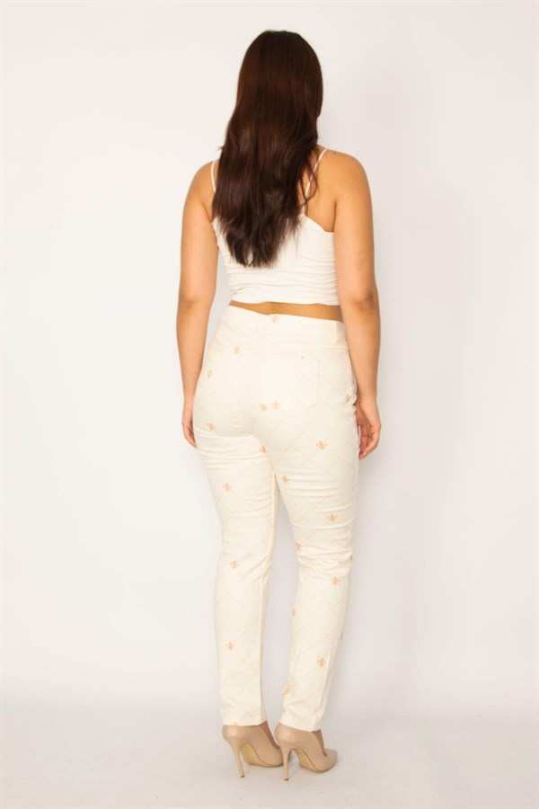 Kadın Bej Ekose Baskılı Likralı 5 Cepli Kot Pantolon 65N34151