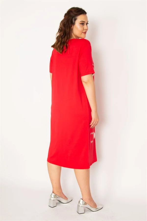 Kadın Kırmızı Ön Baskılı Viskon Elbise 65N33248